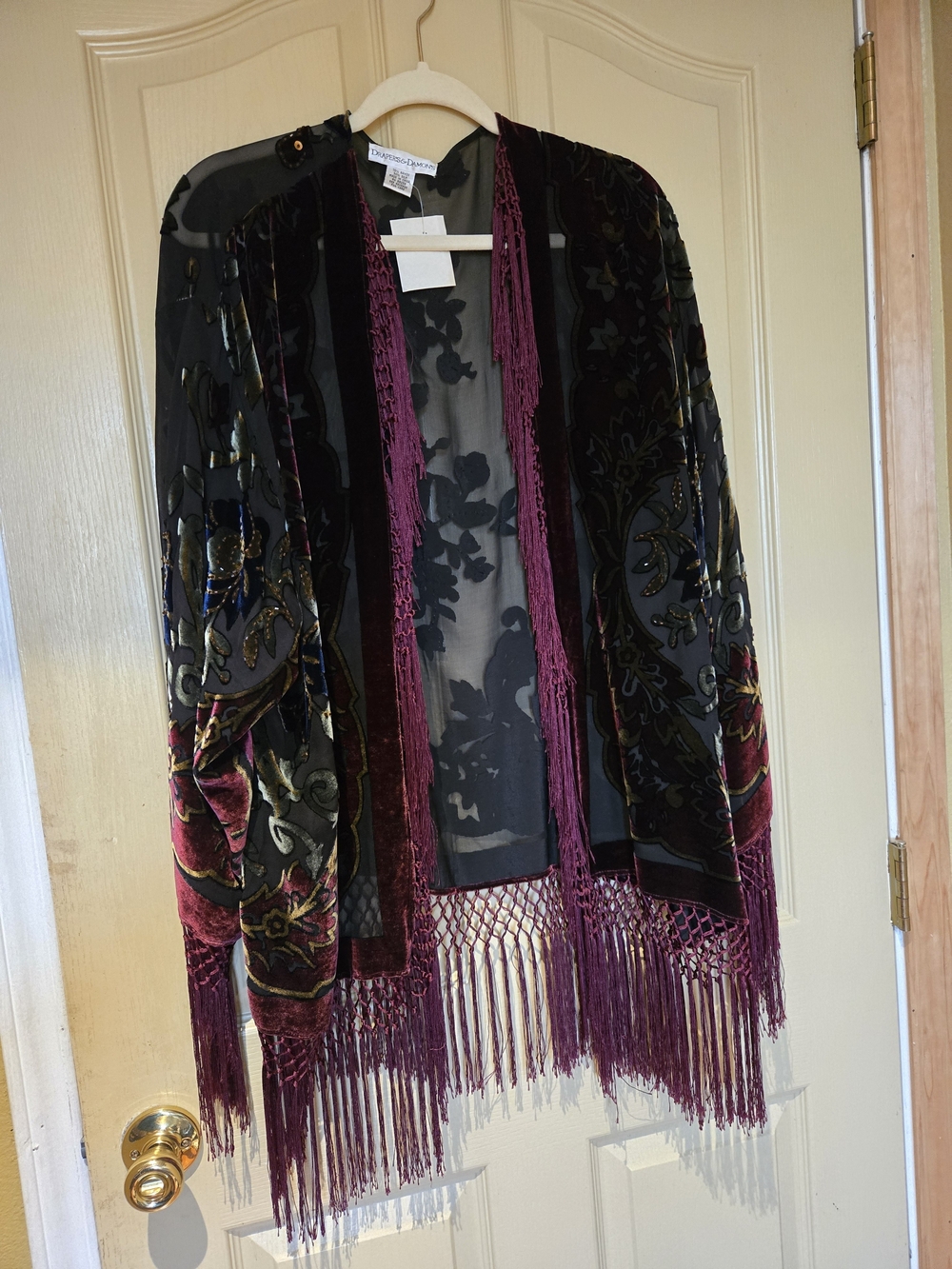 DRAPERS & DAMONS: Sheer Black Floral Embroidered Fringe Kimono with Accents - Picture 4 of 4